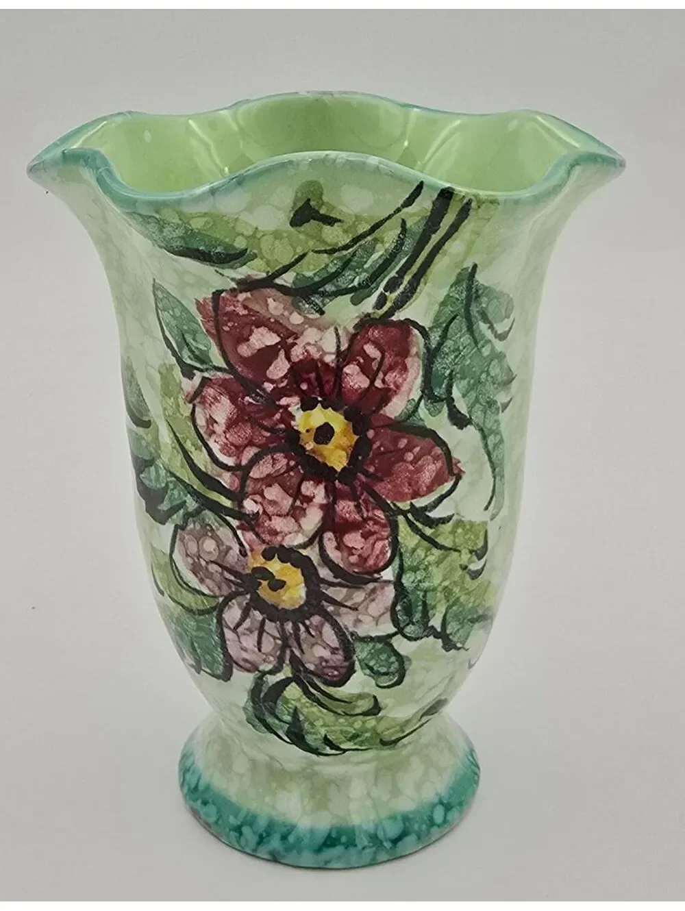 Vintage Hand-Painted Italian Floral Vase – Green Art Pottery Pedestal Vase